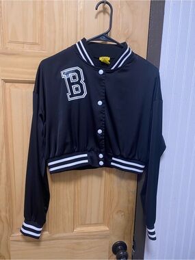 Black Cropped Varsity Jacket with White Stripes and 'B' Patch